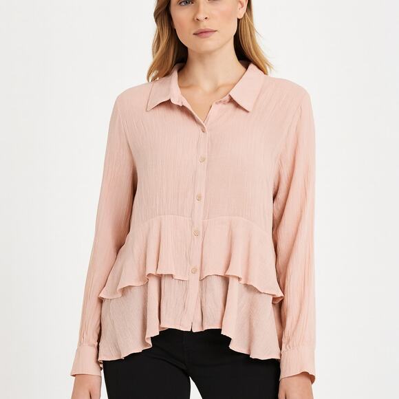 Keren Hart Blouse Pink XL Button Front Gauzy Ruffles Rayon Poly Blend - Picture 1 of 7